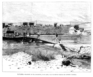 NAVARRA.- TRASBORDO DE UNA LOCOMOTORA, EN EL EBRO, PARA EL SERVICIO MILITAR DE CASTEJ�N A TAFALLA