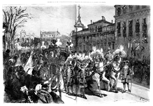 PASO DE LA COMITIVA REGIA POR LA CALLE DE ALCAL�, DELANTE DEL MINISTERIO DE LA GUERRA